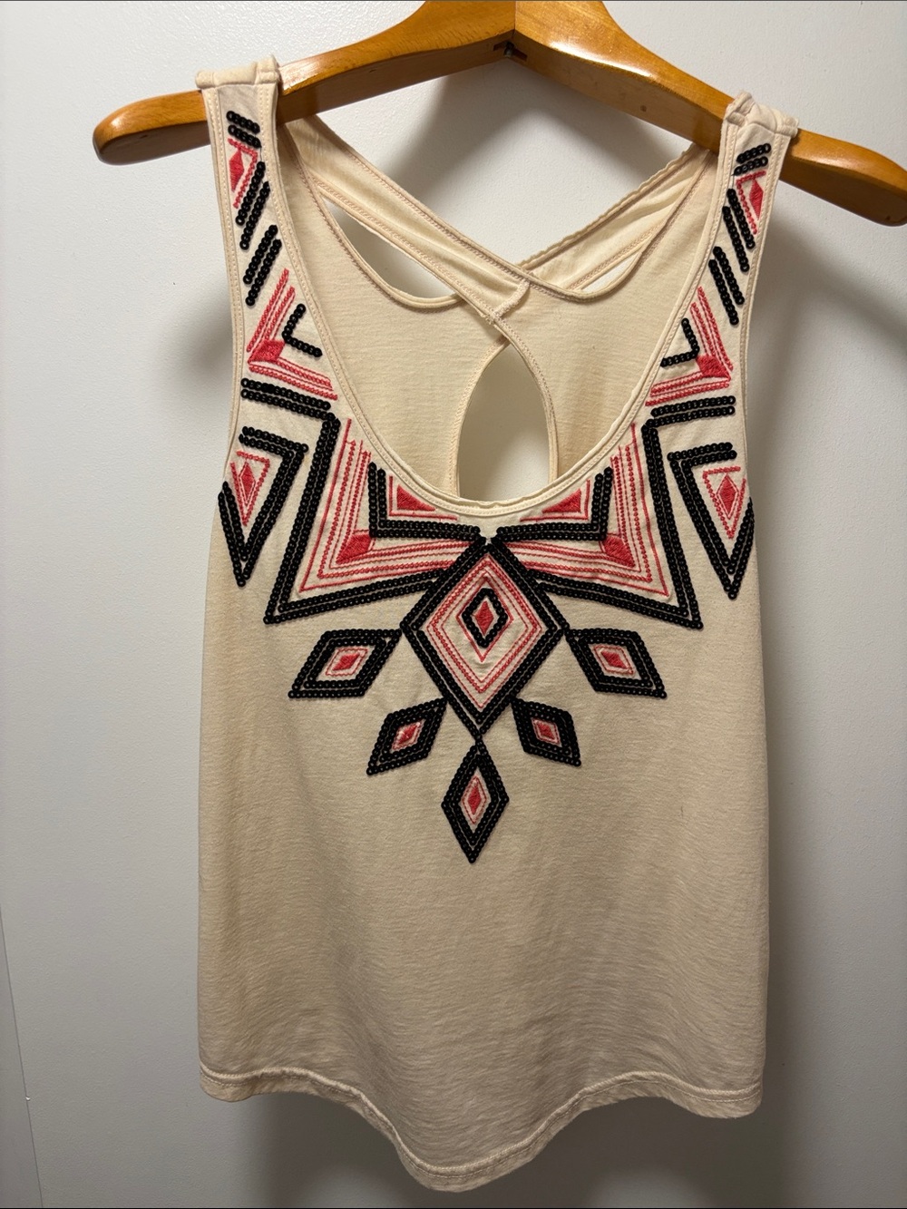 Embellished Cream Tank Top with Coral & Black Geometric Beading